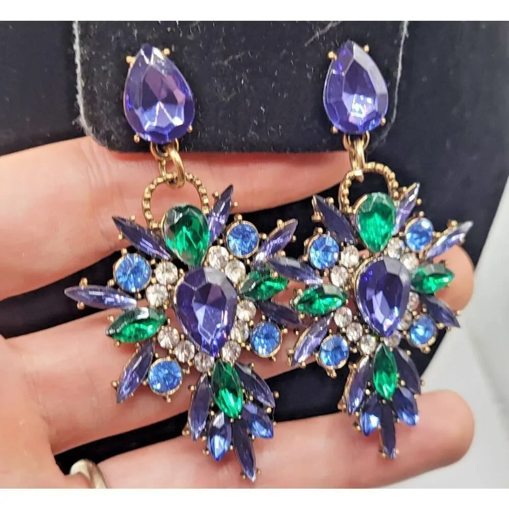 Bold Blue Green Chandelier Chunky Earrings 2.75in